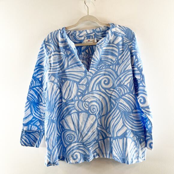 Vineyard Vines Blue and White Nautilus Shell Print Linen Blend Tunic Top XL - Picture 2 of 8